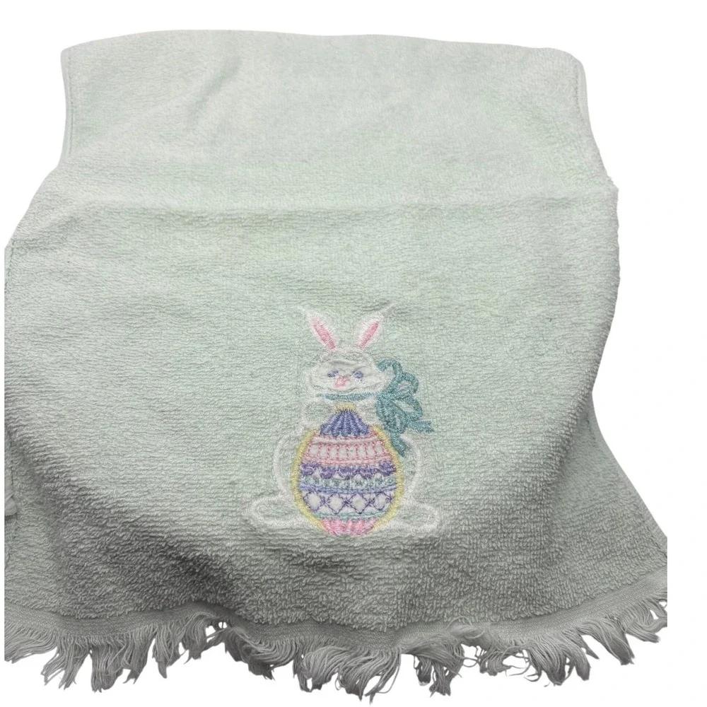 Vtg Easter Bunny Embroidered Hand Towel Light Mint Green Fringed Spring Decor